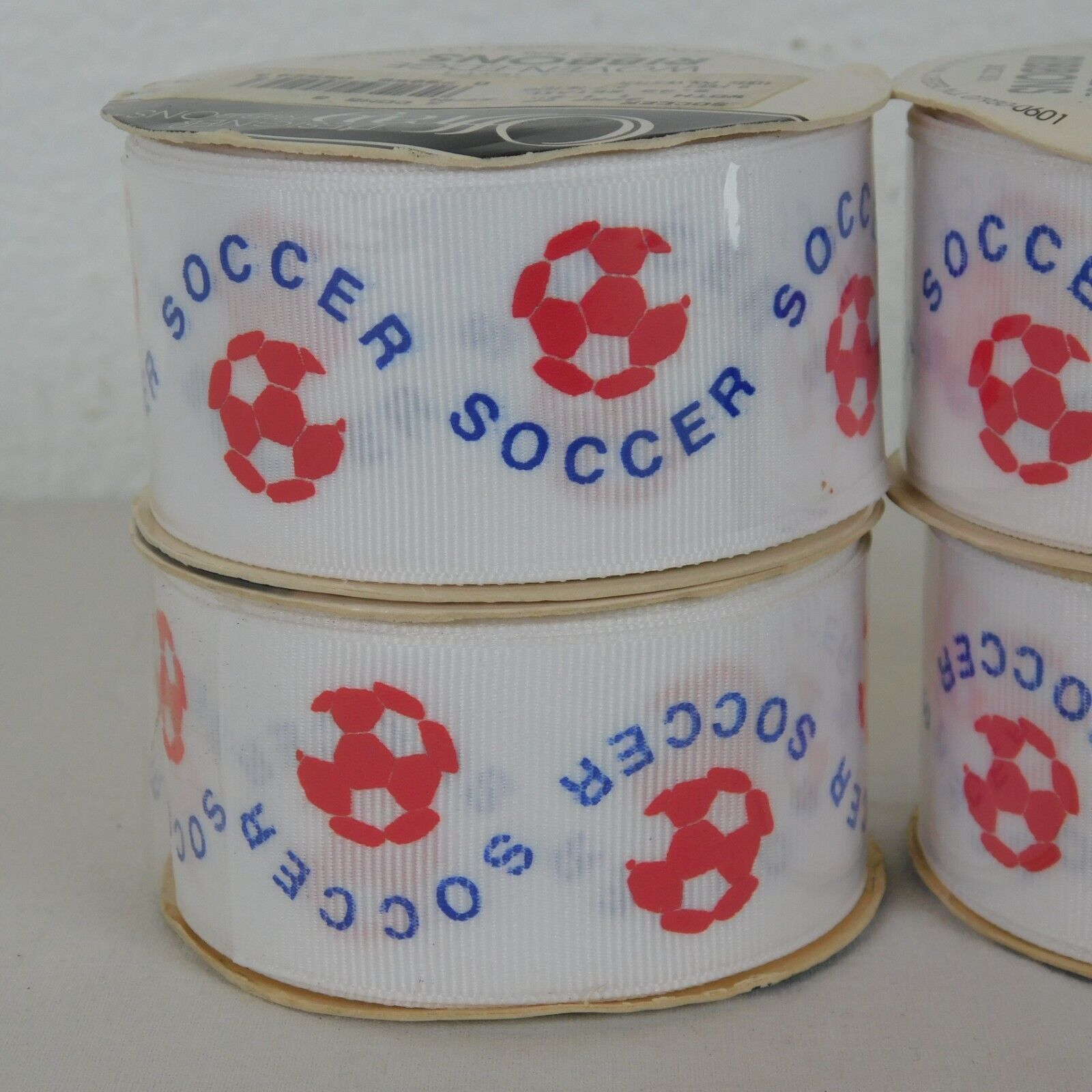 5 Soccer Pattern White Grosgrain Ribbon Offray 1.5" Wide x 9 Ft Ea Sports Bows - £11.42 GBP