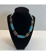 Necklace Turquoise Women&#39;s Jewelry Metal Silver Tone Settings Hangs Flat - £21.36 GBP