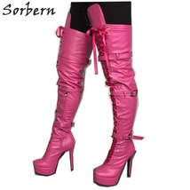 Thigh high women boots platform shoe high heel stilettos custom long boot straps ribbon thumb200