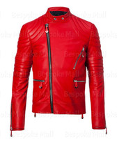 New Men&#39;s Handmade Red Quilted Zippered Genuine Cowhide Leather Coat Jac... - $161.99+