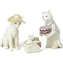 Lenox Cat Family Picnic Figurines 3 PC Victorian Kitten in Basket Hat Cake NEW - $53.00