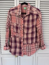 DIP Organic Cotton Flannel Button Front Fringe Long Sleeve Pink Plaid Large - $16.48
