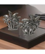 2 Pc Coastal Palm Trees Tea Light Candle Holders Pewter Silver Tone  - $16.82