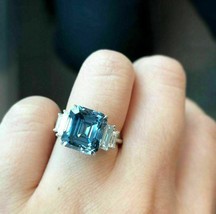 2.0CT Emerald Simulated Blue Topaz Engagement Ring 14K White Gold Plated Silver - £90.35 GBP