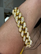 Gold Tone Miami Cuban Link Iced Out Luxe Crystal Rhinestone Chain Bracelet 8&quot; - £17.85 GBP