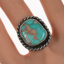 sz7 Vintage Navajo silver and turquoise ring with rope border - £67.72 GBP