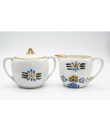 Vtg German porcelain creamer pitcher &amp; sugar bowl set blue black orange ... - $19.99