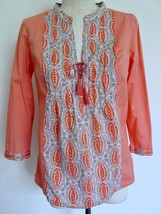 J. Crew Mixed Print Blouse 2 Pintuck Boho Chic Tassel Tie Coral Orange Gray Pink - £15.92 GBP