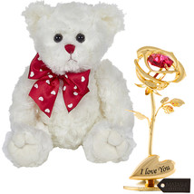 Bearington Teddy Bear,White+Single 24k Gold Plated Rose Flower Tabletop Ornament - £18.92 GBP
