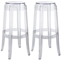 2x Round Polycarbonate Ghost Bar Stools Clear Transparent 29.5&quot; Bar Height - £183.87 GBP