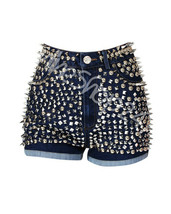 New Women Punk Denim Blue Full Silver Spiked Studded Hot Jeans Classic Shorts - £160.84 GBP