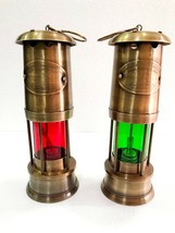 Antik Messing Miner Laterne Öllampe Grün/Rot Glas Maritime Lampe Set mit... - £83.87 GBP