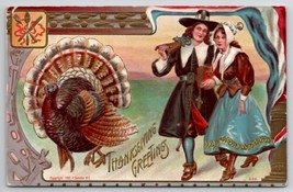 Thanksgiving Greetings Patriotic Pilgrims And Turkey Postcard K29 - £6.33 GBP