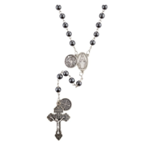 Fire Fighter Rosary St. Michael &amp; St. Benedict 8mm Hematite Bead Catholic Men - £15.57 GBP