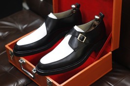 New Handmade Men&#39;s Black &amp; White Leather Single Monk Strap Dress &amp; Formal Wear  - £122.29 GBP