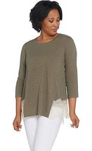 LOGO Lori Goldstein Cotton Olive Top Lace Back Panel L New A307252 - $16.19