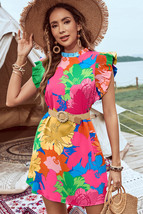 Pink Bold Floral Flutter Sleeve Shift Mini Dress with Pockets - $19.06