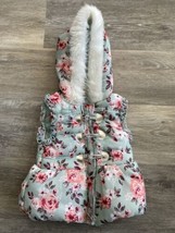 Little Lass  Mint Floral Puffer Vest Girls Size 3T Fur Trimmed Hoodie Full Zip - £4.73 GBP