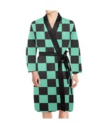 Demon Anime Black Green Checkered Men&#39;s Long Sleeve Belted Satin Night Robe - £44.06 GBP