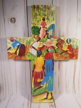 Wood Cross Haitian Folk Art Workers Scene Hand Painted Wall Hanging 10&quot; ... - $9.77