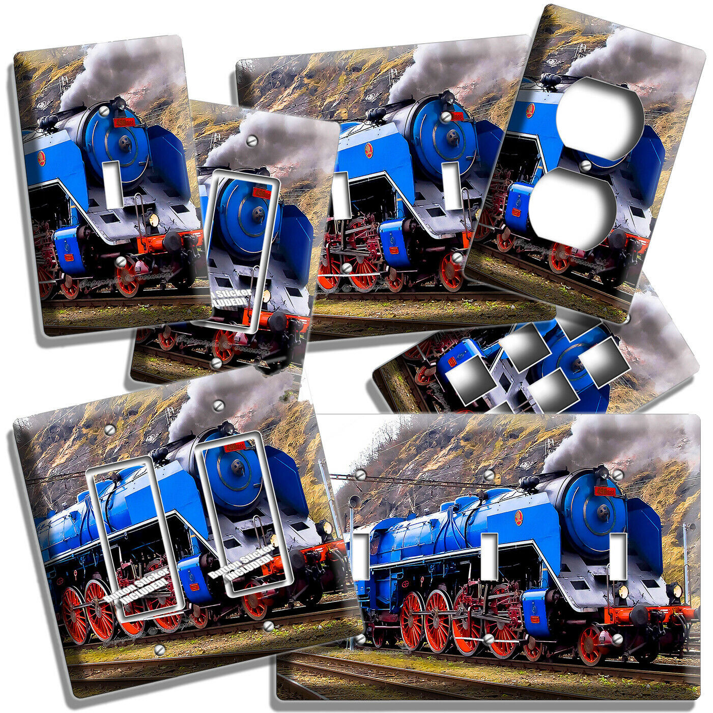 BLUE STEAM ENGINE TRAIN ALBATROSS LOCOMOTIVE LIGHT SWITCH OUTLET ART WALL PLATES