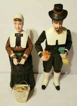 Vintage Folk Art 19&quot; Wood Carved Corn Husk Thanksgiving Pilgrims Man Woman Figur - £118.02 GBP