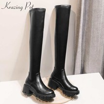 big size cow leather stretch over-the-knee boots platform round toe high heels w - £132.61 GBP