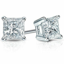 14K White Gold .33 CARAT Square Princess Cut Natural Diamond Stud Earrings - £244.74 GBP