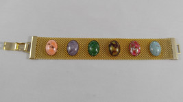 Vintage 1970s Sarah Coventry Designer Gold Mesh Bracelet Multi Color Stones - £19.65 GBP