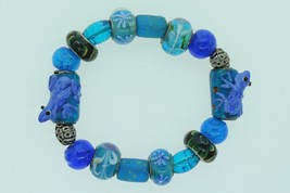 Sterling Silver Glass Bead Bracelet w/ Flowers and Frogs - £79.08 GBP
