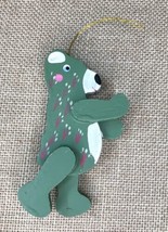 Hand Painted Green Floral Teddy Bear Wood Ornament Christmas Holiday Festive - £4.73 GBP