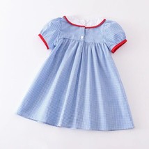 NEW Boutique Back to School Embroidered Apple Blue Gingham Puff Sleeve D... - £11.47 GBP