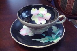 Unmarked Footed Cup and Saucer Made in Japan, Black with Pink Flowers[a*... - $25.47