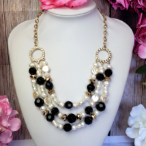 Unsigned 3 Strand White Natural Pearl Black Glass Beaded Gold Chain Bib Necklace - £17.15 GBP