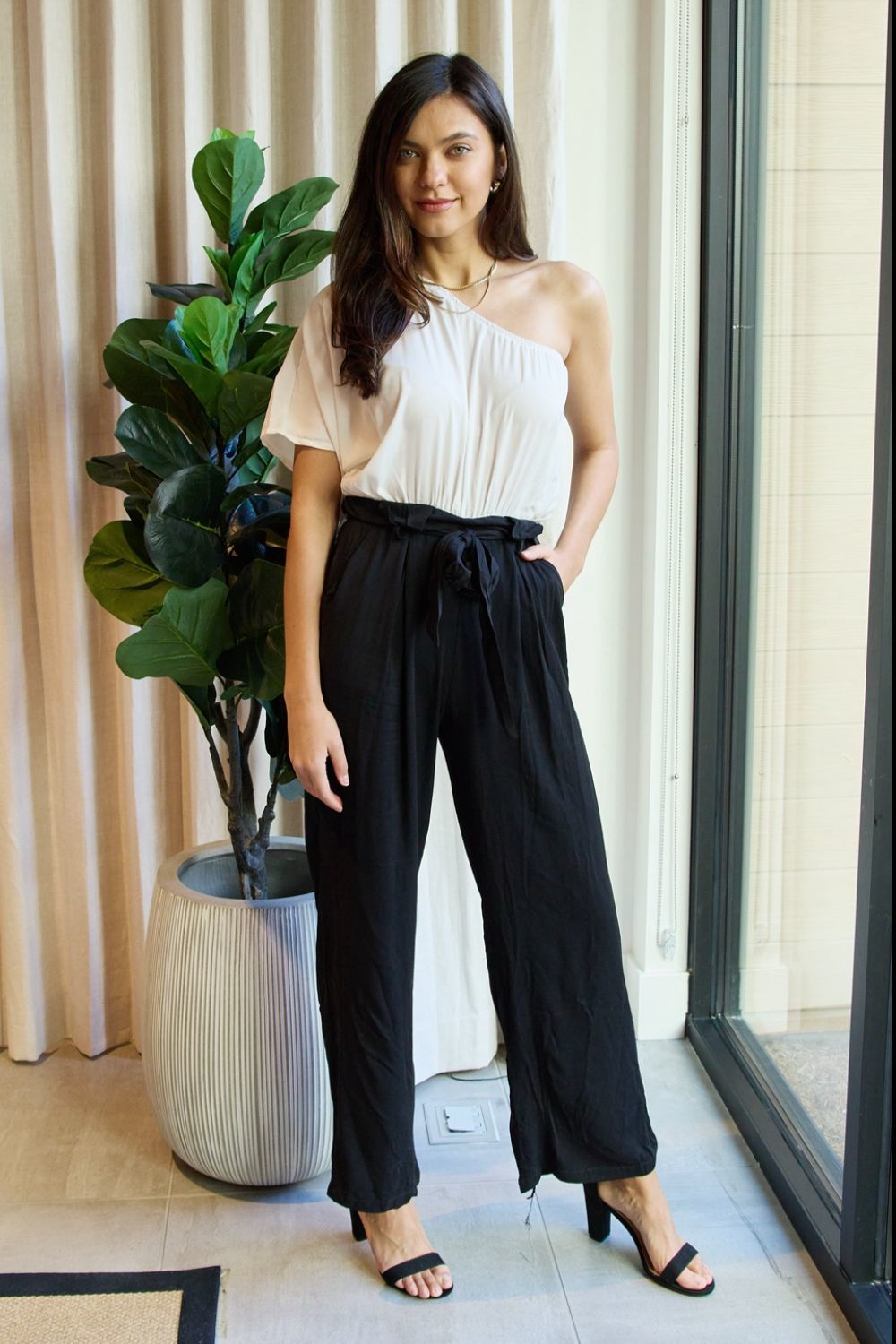 Dress Day Marvelous in Manhattan One-Shoulder Jumpsuit in White/Black - $26.33