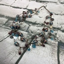 Beaded Necklace Blue Brown Hippie Boho Shells Leaves Charms - £11.84 GBP