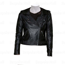 New Women&#39;s Brando Black Studded Punk Genuine Cowhide Belted Leather Jacket-109 - £199.83 GBP