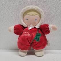 Prestige Merry Christmas Plush Baby Doll 8" Rattle Blonde Blue Eyes Red Outfit - $14.75