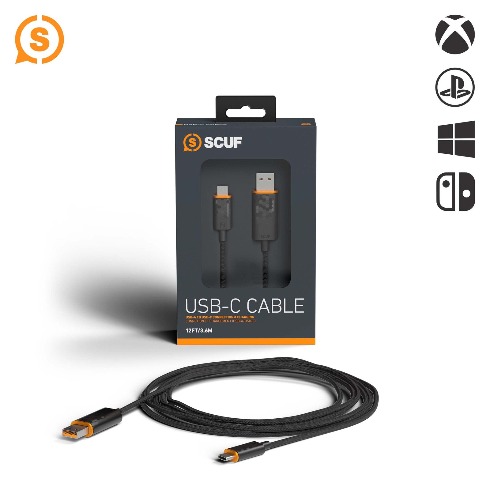 SCUF Braided USB-C Cable - Black 6 feet / 2 Meters USB Type C Connection and Ch