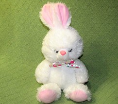 14&quot; Mega Toys White Pink Bunny Rabbit Plush Stuffed Animal Polka Dot Ribbon Toy - £8.63 GBP