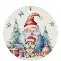 Cute Siberian Husky Puppy Dog &amp; Santa Claus Christmas Ornament Ceramic Xmas Gift - £11.83 GBP
