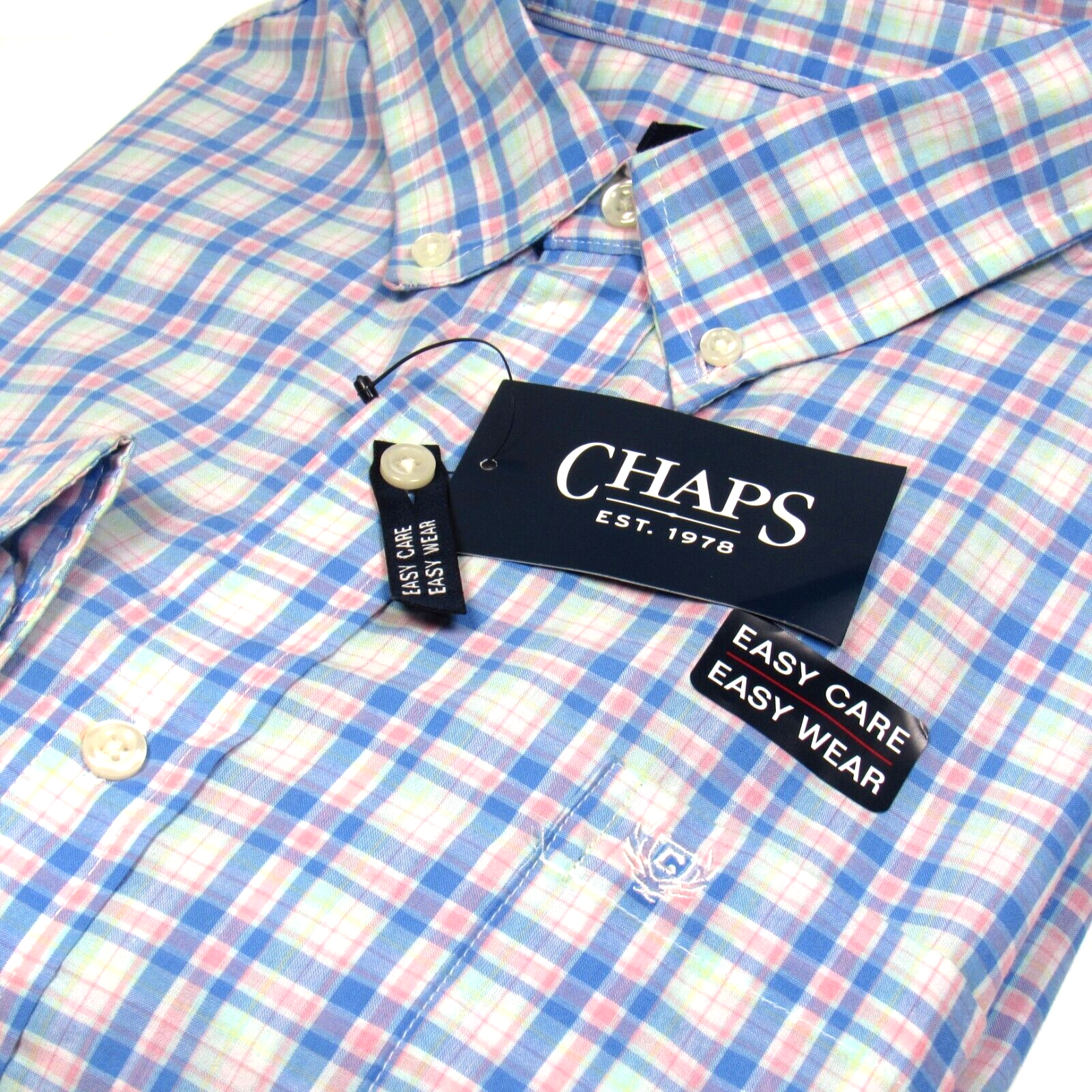 Primary image for Chaps Men's L/S Check Plaid Shirt Easy Care Marina Blue Multi Size XL