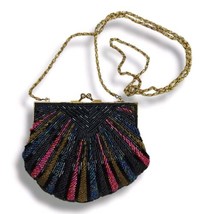Vintage Beaded Clam Shell Purse Gold Chain Shoulder Strap Black Multicolor  - $25.95