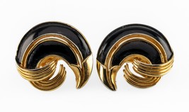 Trifari Vintage Doré Émail Noir Volutes Costume Boucles D&#39;Oreilles - $62.96