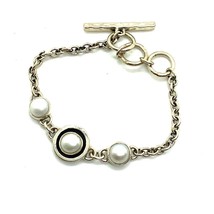 Vintage Signed EK 950 Silver Round Mother of Pearl Toggle Link Bracelet ... - $89.09