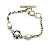 Vintage Signed EK 950 Silver Round Mother of Pearl Toggle Link Bracelet ... - £69.69 GBP