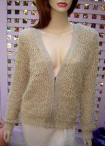 ARDEN B. Champagne/Metallic Gold Loose Knit V-Neck Furry Zip Cardigan Sweater, S - £7.87 GBP