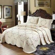 3pc Beige Red Floral Bedspread Queen Size Cotton Quilt Pillowcase Coverlet Set - £168.54 GBP