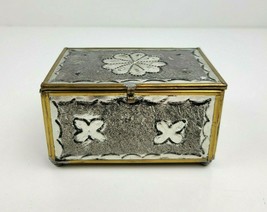 Vintage Tin Brass Mirrored Trinket Box Hand Embossed Punched Floral Mexico - £15.68 GBP