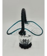 Hand Blown Optic Turquoise Blue Glass Basket Rope Handle Vintage - $828.21 MXN